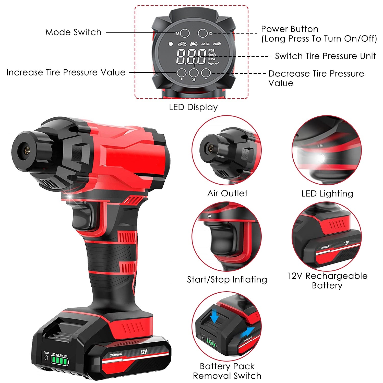 1Pc 150PSI Cordless Car Tire Inflator Rechargeable