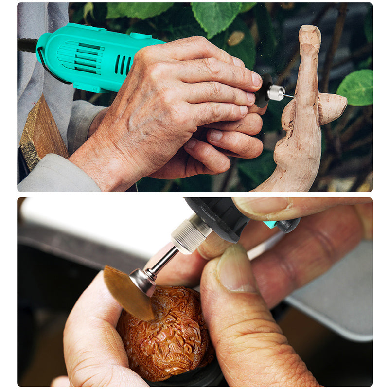 Electric polishing tool set with hand grinder and engraving pen.