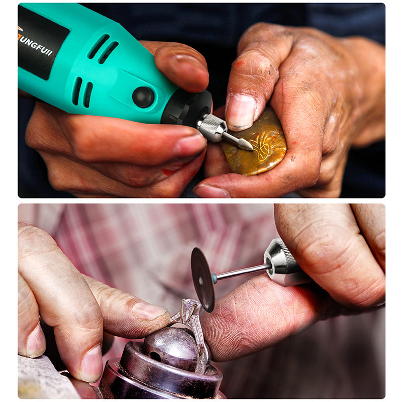 Electric polishing tool set with hand grinder and engraving pen.