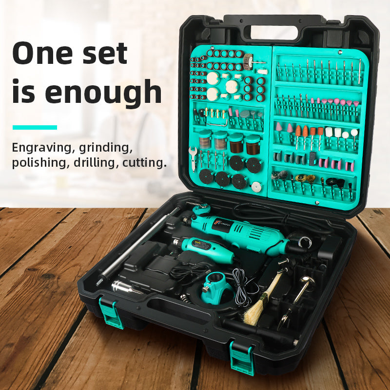 Electric polishing tool set with hand grinder and engraving pen.