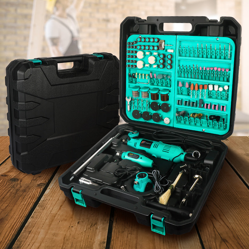 Electric polishing tool set with hand grinder and engraving pen.