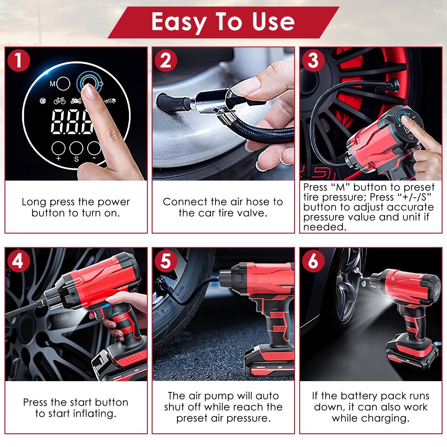1Pc 150PSI Cordless Car Tire Inflator Rechargeable